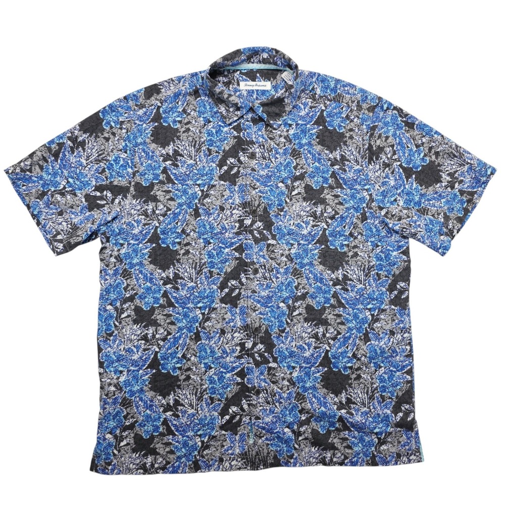 Tommy Bahama Mens Large Blue Floral Batik Short Sleeve Button Front Shirt